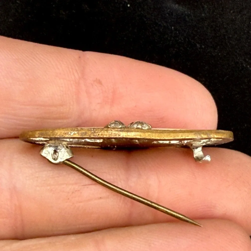 Vintage Mother of Pearl‎ Paste Rhinestone Brooch Gold Tone